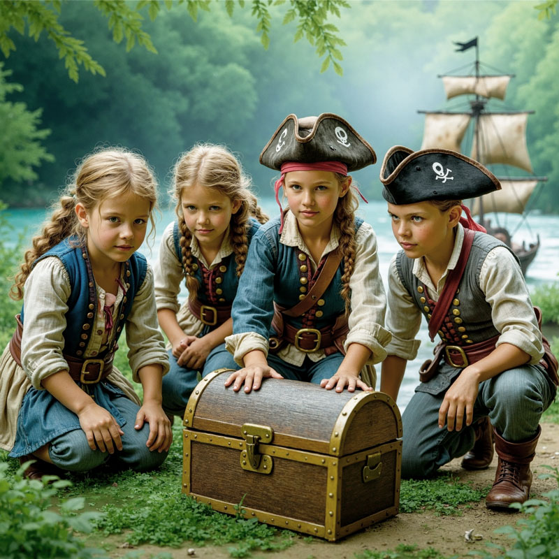 FamilyFundus | Stadtrallye | Piraten-Schatzsuche - Kinder in Piratenkostüme mit Schatzkiste