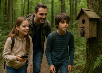 Geocaching mit Kindern, die gerade einen Schatz entdecken